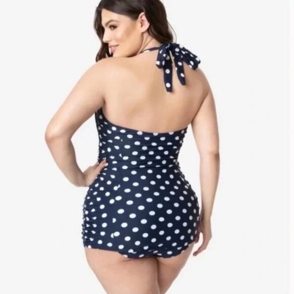 Unique Vintage Navy and White Polka Dot Swimsuit Size 3X - Picture 2 of 8
